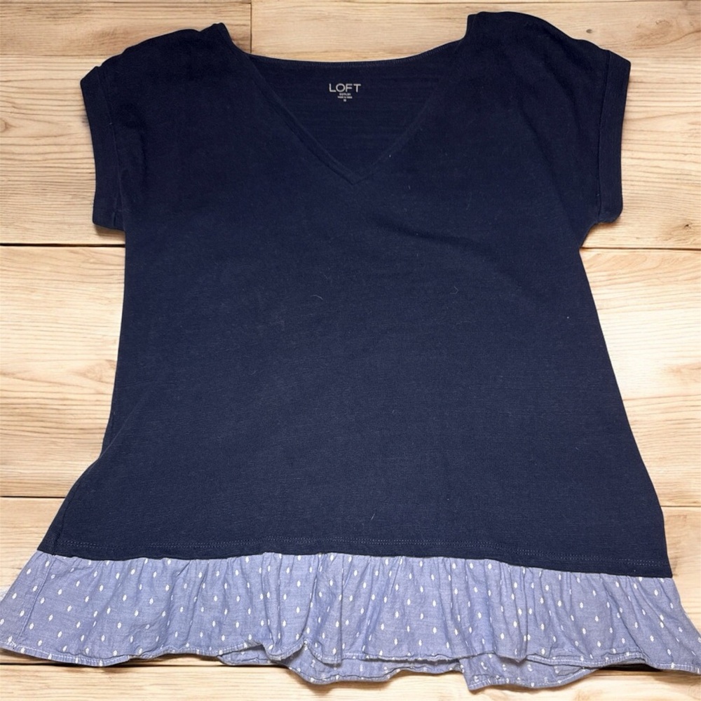LOFT Dark Blue V-Neck Top with Patterned Ruffle sweater top